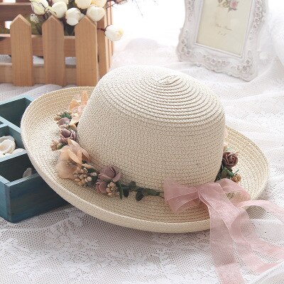 BINGYUANHAOXUAN vrouwen Bloemen Zonnehoed Floppy Opvouwbare Strik Stro Zomer Strand Hoed: Beige / adult   56cm-59cm