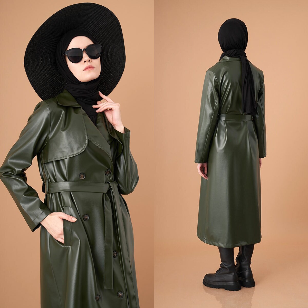 musulmana-gabardina larga de piel sintética con doble botonadura para mujer, cinturón, prendas de vestir, ropa islámica,