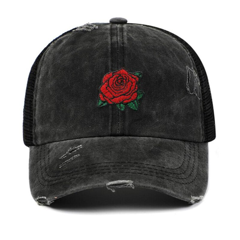rose distress mesh baseball cap hip hop outdoor sports summer women cap embroidery flower snapback hat cap curved cap