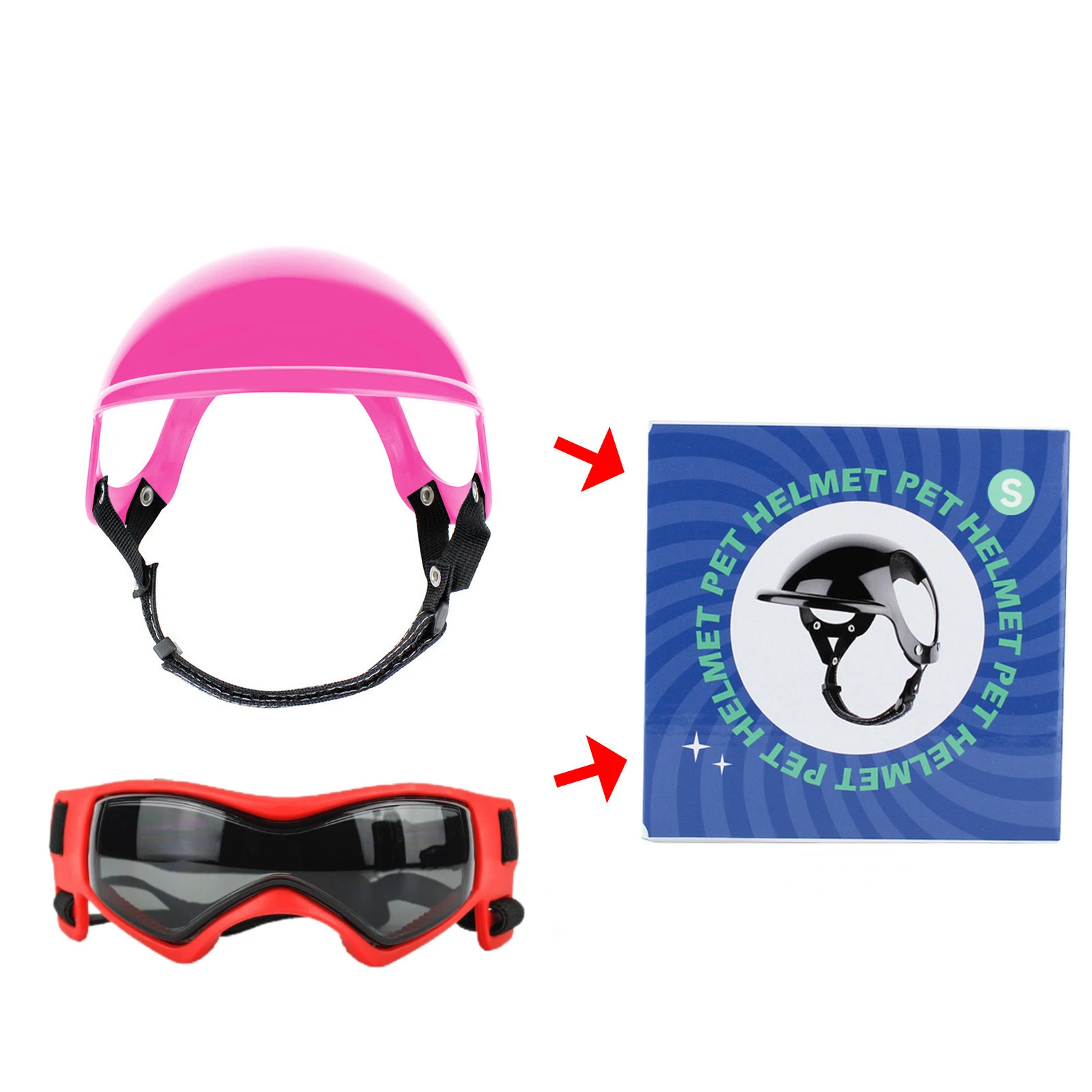 ATUBAN Casco para Perros y Gafas para Perros Pequeños-Casco para Casco de Motocicleta para Mascotas con Agujeros para las Orejas Correas Ajustables para Puppy Montar: S / Plata