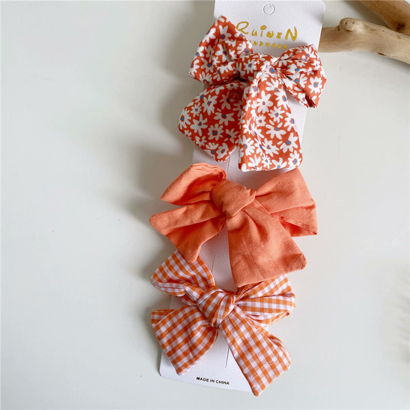 Koreaanse Stijl Bloemen Plaid Doek Baby Meisjes Strik Haarspeld Prinses Leuke Peuters Kinderen Hoofddeksels Accessoires 3 Stks/set: orange