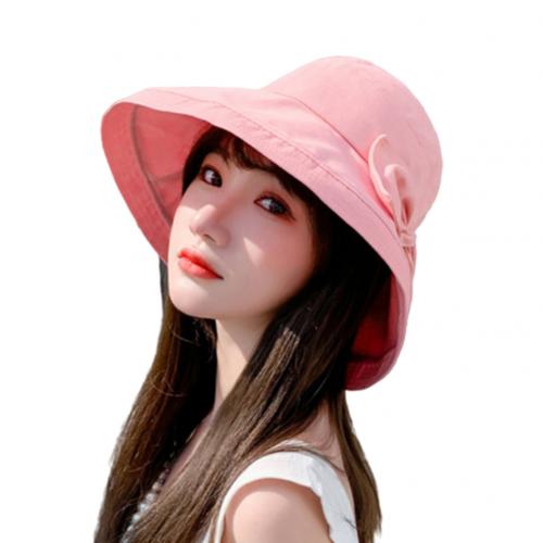 Women Solid Color Bowknot Wide Brim UV Protection Summer Sun Hat Bucket Cap: Pink