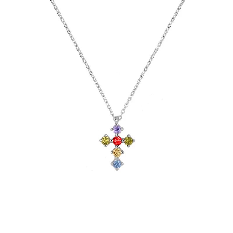 ROXI 925 Sterling Silver Colorful Cross Sun Women Pendant Necklace Zircon Clavicle Necklaces Collar Jewelry Chain Collares: cross silver