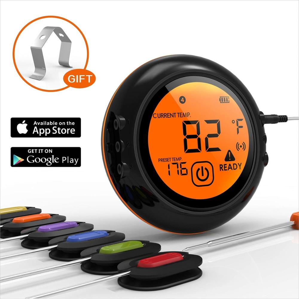Wireless Meat Thermometer Bluetooth kitchen oven Grill Barbecue BBQ Food Cooking Thermometer with App 6 Probes: Black