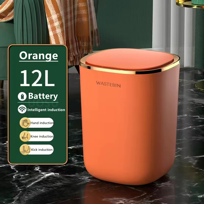 Smart Induction Trash Can Automatic Intelligent Sensor Dustbin Electric Touch Trash Bin for Kitchen Bathroom Bedroom Garbage: Battery Orange