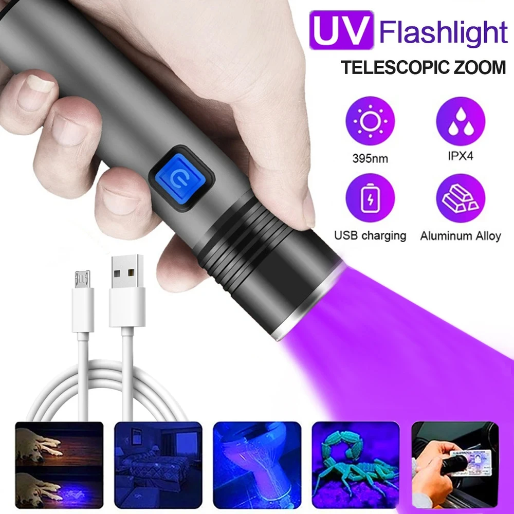 USB wiederaufladbare UV-Taschenlampe für Haustier-Urinerkennung, Harzgehärtet, 395 nm, UV-Taschenlampe, Zoomen, Schwarzlicht