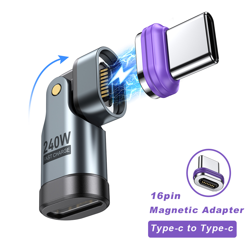 AUFU 240W Adapter magnetyczny USB typu C na USB C 16-pinowy konwerter USB C żeński 180 stopni do szybkiego ładowania iPhone MacBook Laptop: Default Title