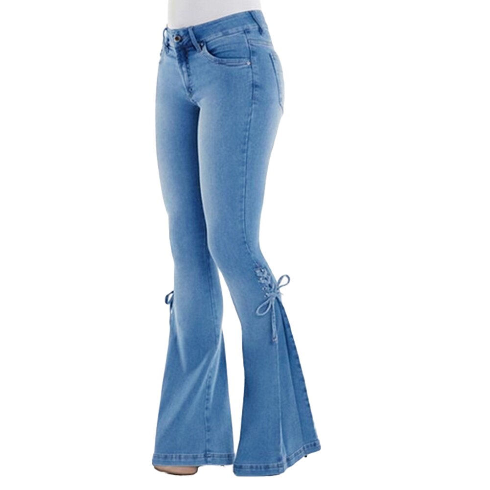 Grande taille Denim pantalon femmes Vintage Flare jean à lacets noeud maigre jambe large Denim pantalon Flare jean à lacets nœud jean moulant: Light Blue / M