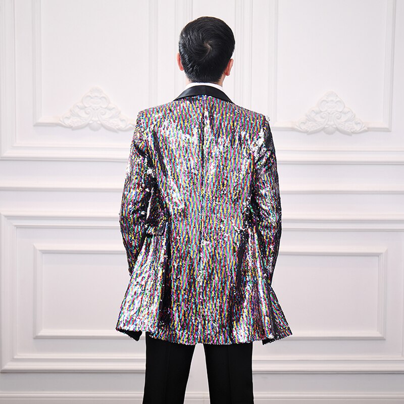 Men's Casual Jacket Trendy Long Colorful Sequins Color-changing Buttonless Shawl Collar Windbreaker Club Party Clothing