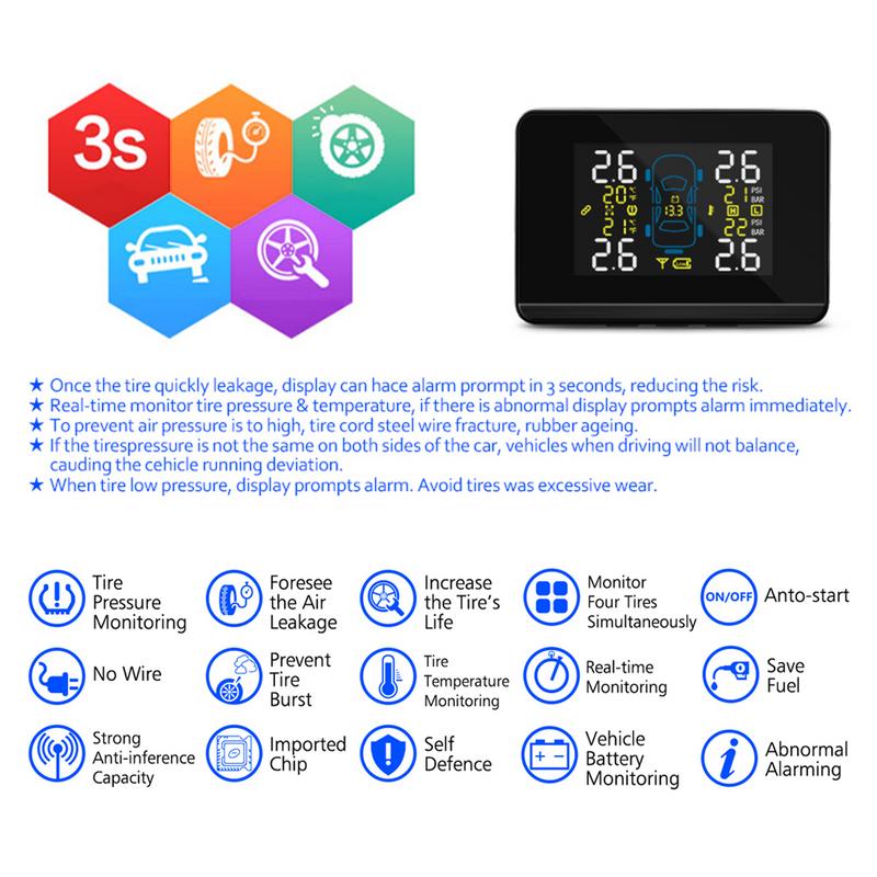 CAREUD DC8V-DC16V, TPMS Universal para coche, sistema de supervisión de presión de neumáticos inalámbrico para coche + Sensor externo para neumáticos de 4 ruedas