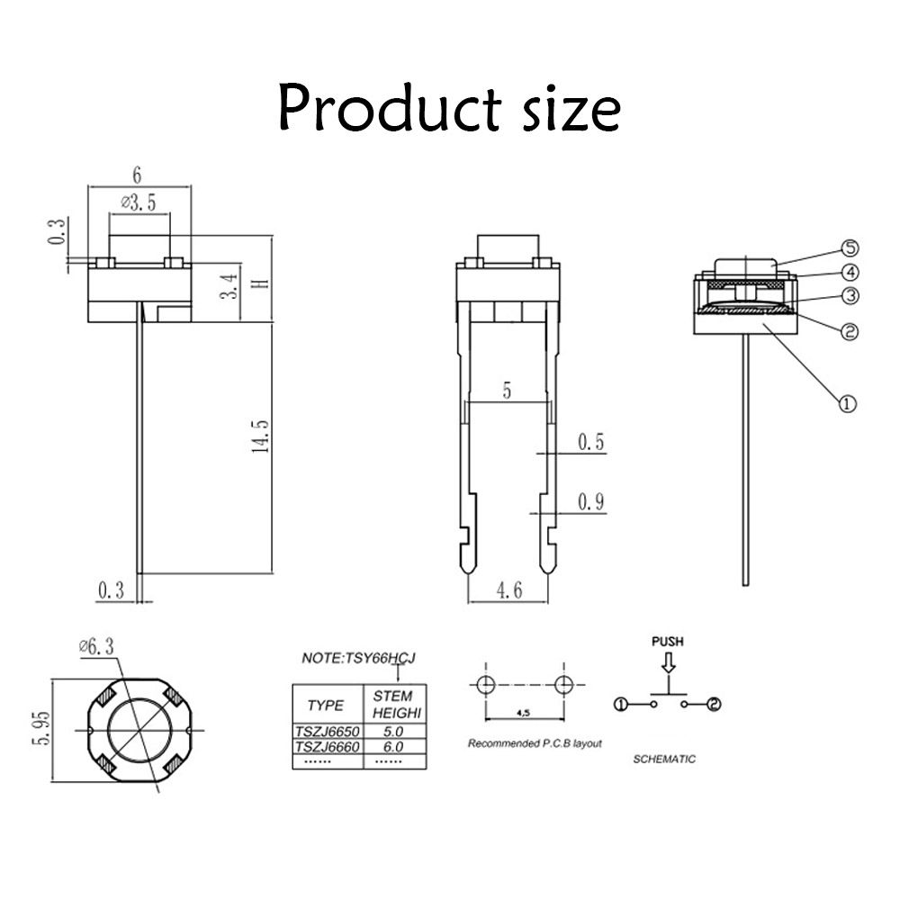 50PCS Durable Push Button 2 Pin Power Switch Tact Switch Tactile Micro Switch Self-reset