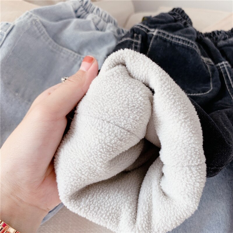 5553 børn varme bukser vinter koreanske baby drenge plus fleece bukser afslappede denim bukser 1-7t piger vinter jeans outfits