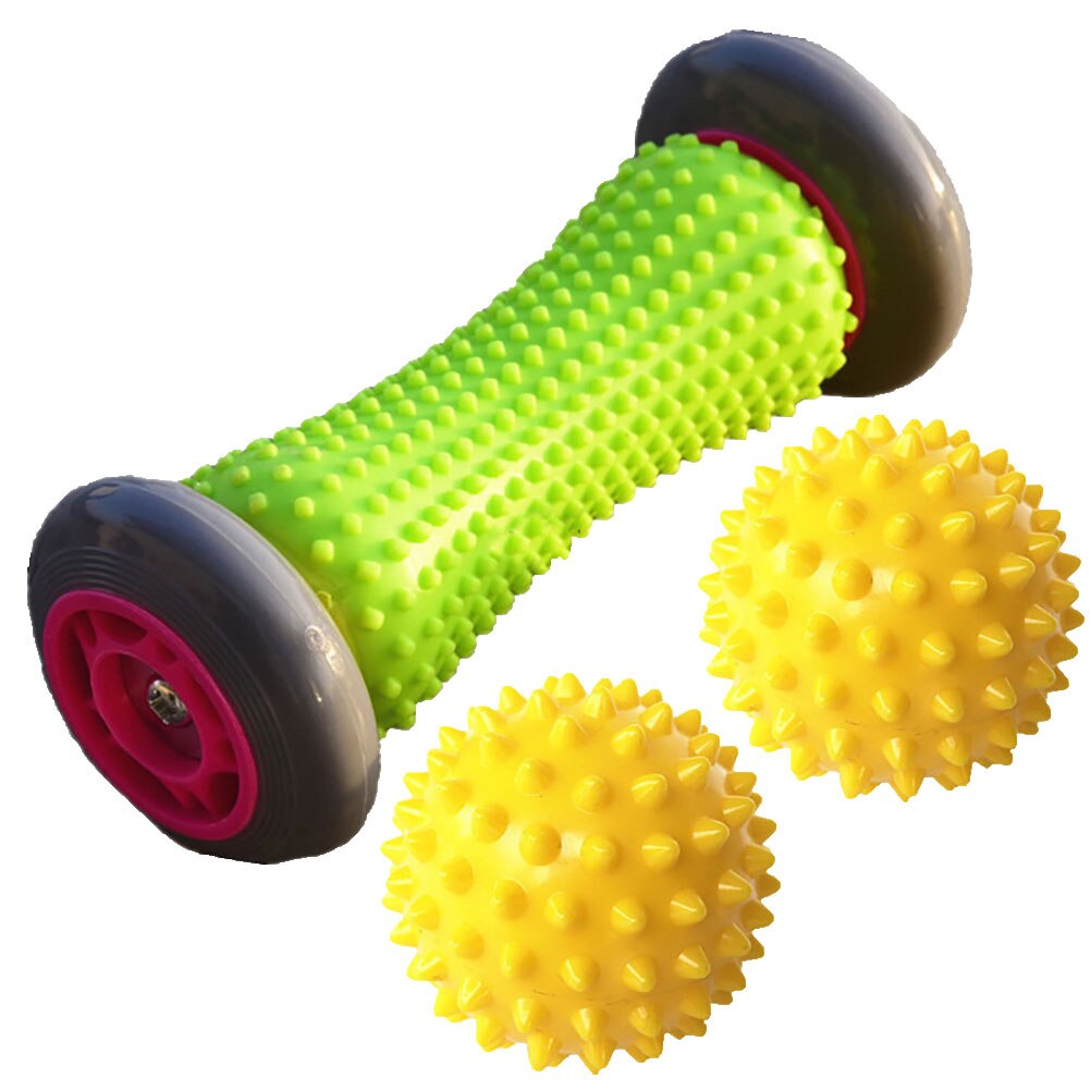 3 stk piggete fotrulle massasjeball yoga blokk fitness trening pilates foam roller body relax smertelindring ryggbein massasjesett: Gul