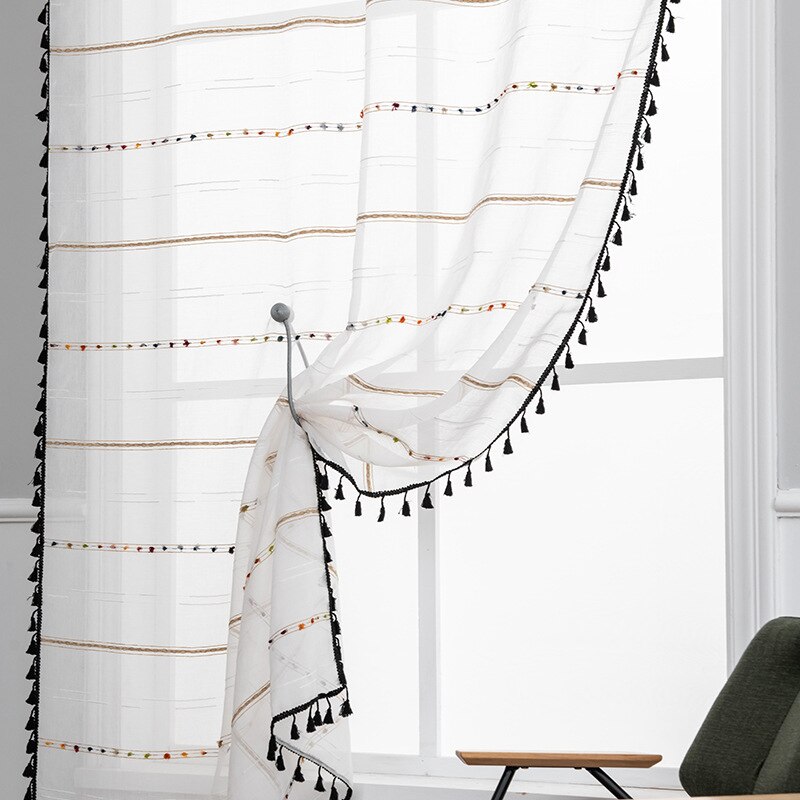 White Pom Pom Sheer Curtains For Girls Bedroom Living Room Tasseled Linen black Semi-Sheer Curtains Voile Panels