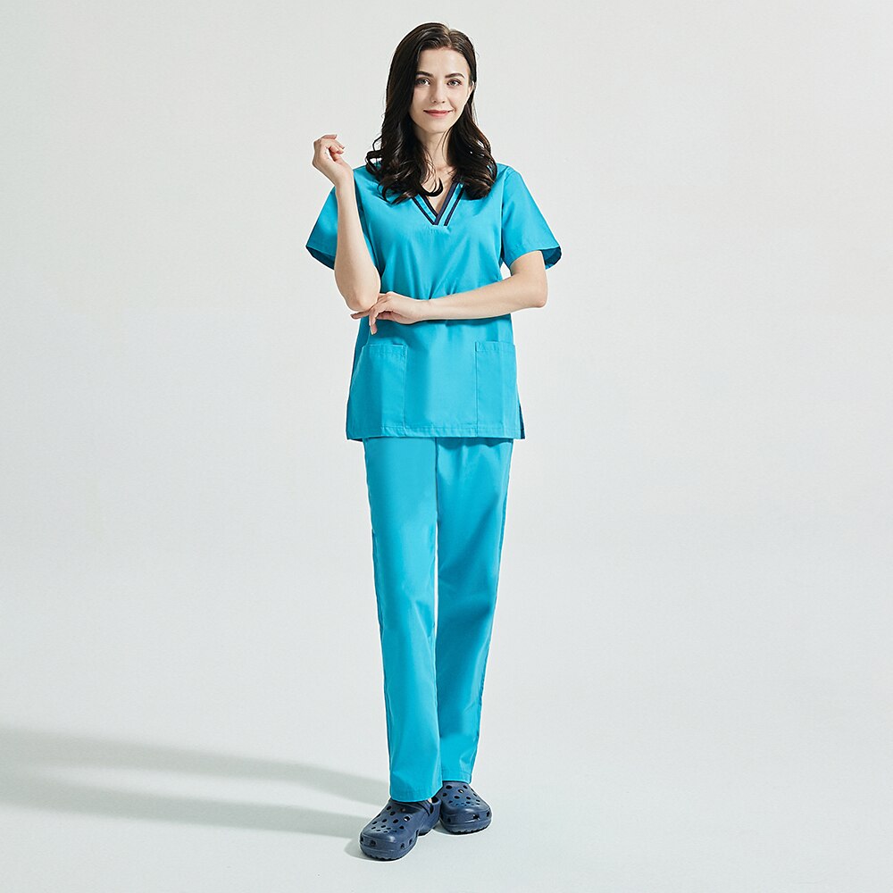 Kortærmet v-hals scrubs toppe scrubs bukser spa uniform arbejdsuniform jakkesæt scrub uniform overalls tøj kvinder mænd arbejdstøj: Søblå / Xl