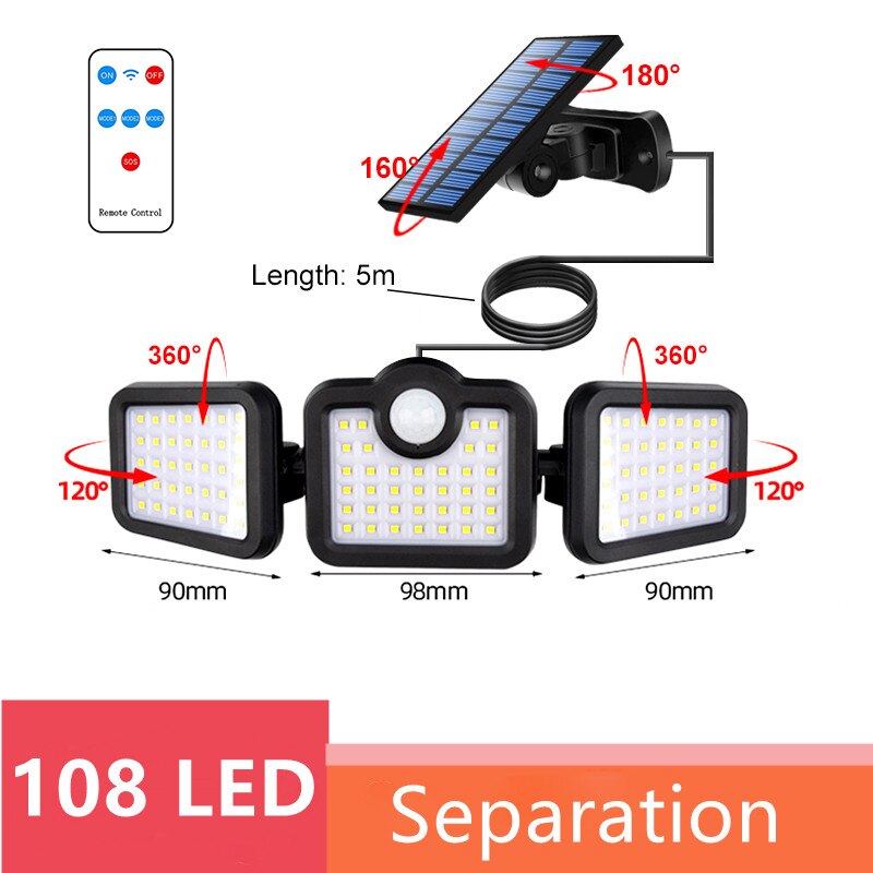 Solar Led Light Outdoor Waterproof Motion Sensor Solar Garden Lights 3 Heads Powerful Outdoor Lighting Solar Energy Wall Lamp: 108 SMD Separation