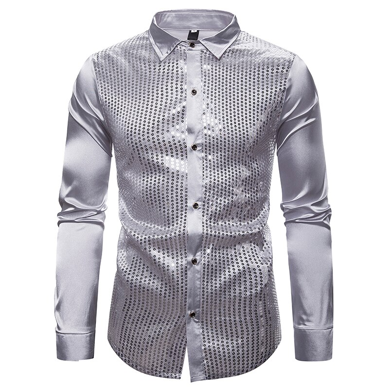 Chemise à manches longues pour hommes en soie dorée, en paillettes, robe Disco brillante, pour les soirées en boîte de nuit, bal Hip Hop, Streetwear, modèle chemises décontractées