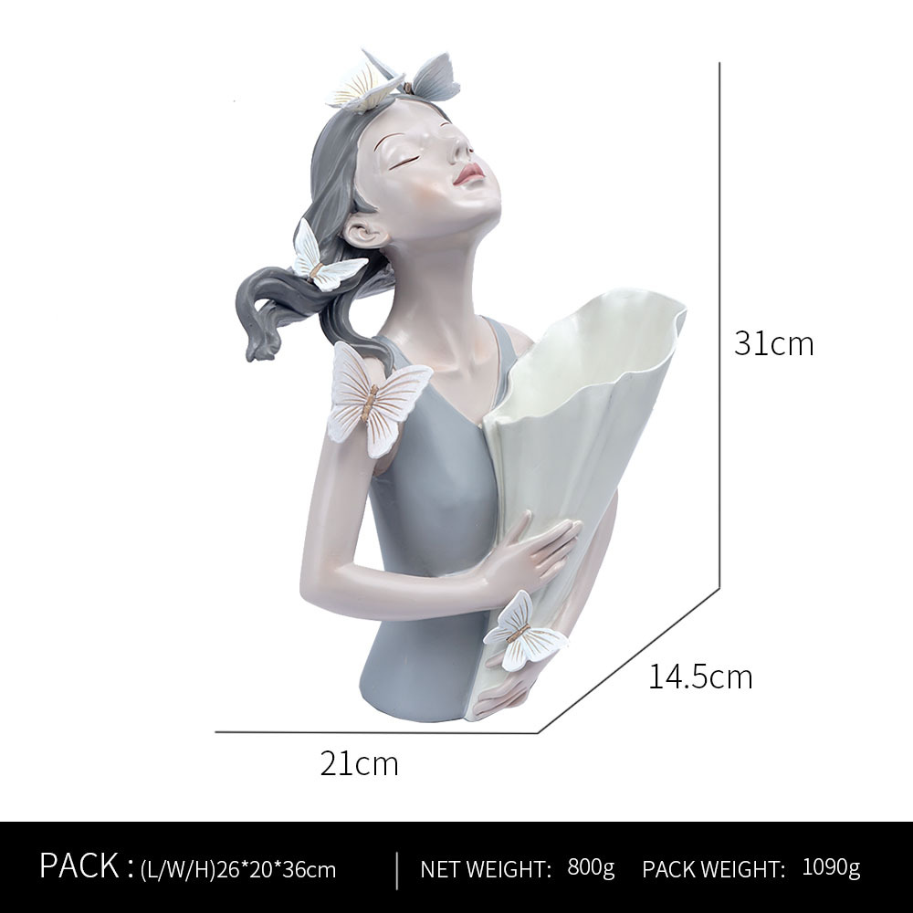 Kreatywna skandynawska moda motyl dziewczyna trzyma kwiat kwiat z żywicy kwiatek doniczkowy układ wazon suszony kwiat kwiat sztuka miękki deco: Jasno szary