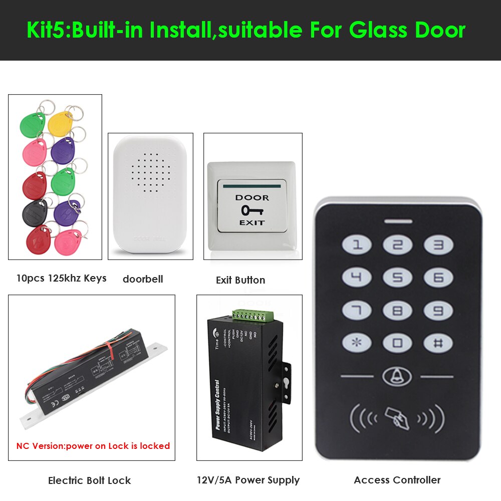 RFID keyboard keys Smart Door Access Control System With 180KG door lock electronic Power Supply Door Access Control System Kit: Kit 5