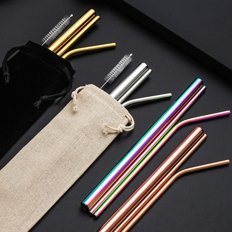 Bubble Tea Stainless Steel Straw Reusable Drinking Straws Set Curved Metal Straws Bag with Brush For Smoothies Juice Tea