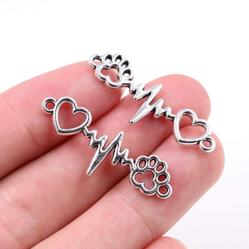 10pcs Charms ECG Heartbeat Connector Heart Dog Claw Link 12x34mm Antique Silver Color Pendant Making DIY Tibetan Finding Jewelry