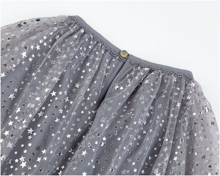 Sukienka dla dziewczynek suknia ślubna kostium księżniczki błyszcząca sukienka urodzinowa dla dzieci gryzmolić srebrna folia drukuj błyszczące gwiazdy szara sukienka z przędzy