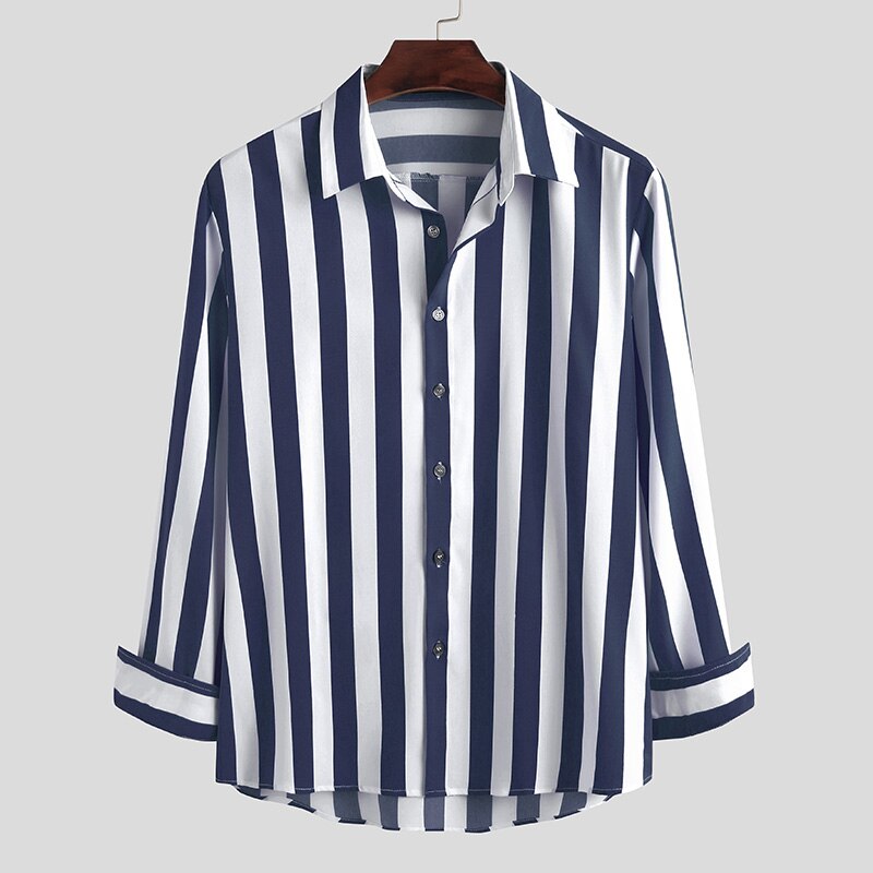 Camisas masculinas moda listrado botão blusa incerun manga longa lapela vestido camisas primavera homem solto casual streetwear S-5XL: Navy / XL