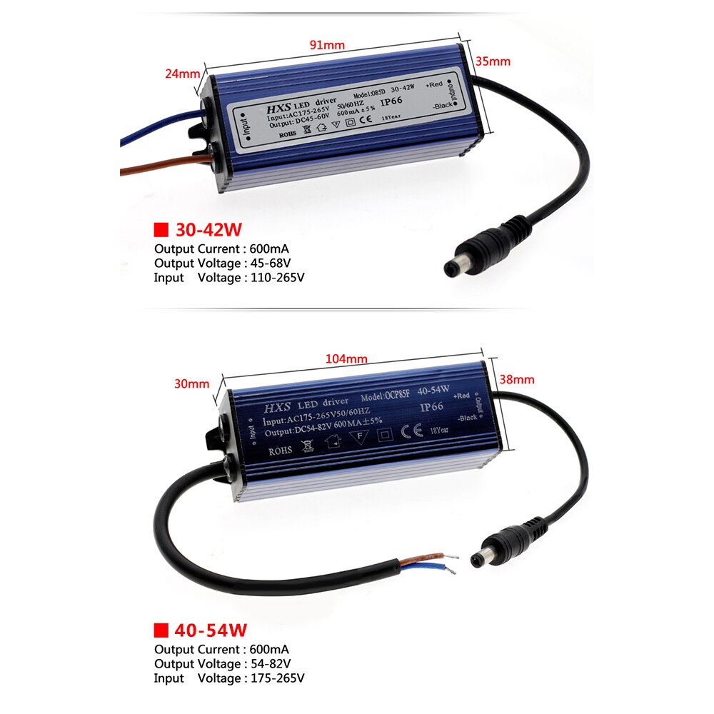 Ledet sjåfør  ip66 vanntett 6w 10w 20w 28w 42w 54w belysningstransformatorer  ac85v-265v strømforsyning
