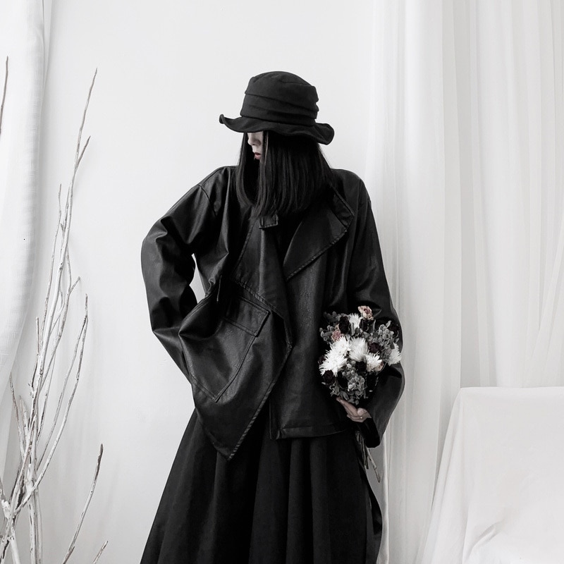 [EAM] coupe ample grande taille asymétrique Pu cuir veste revers à manches longues femmes manteau printemps automne 19A-a543