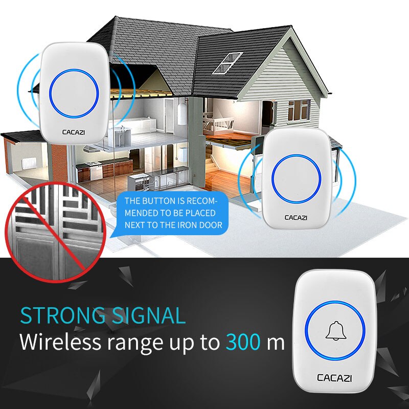 CACAZI Waterproof Wireless Doorbell DC Battery-operated 60 Chimes 5 Volume Home Cordless Door Ring Bell 1 Button 4 Receiver