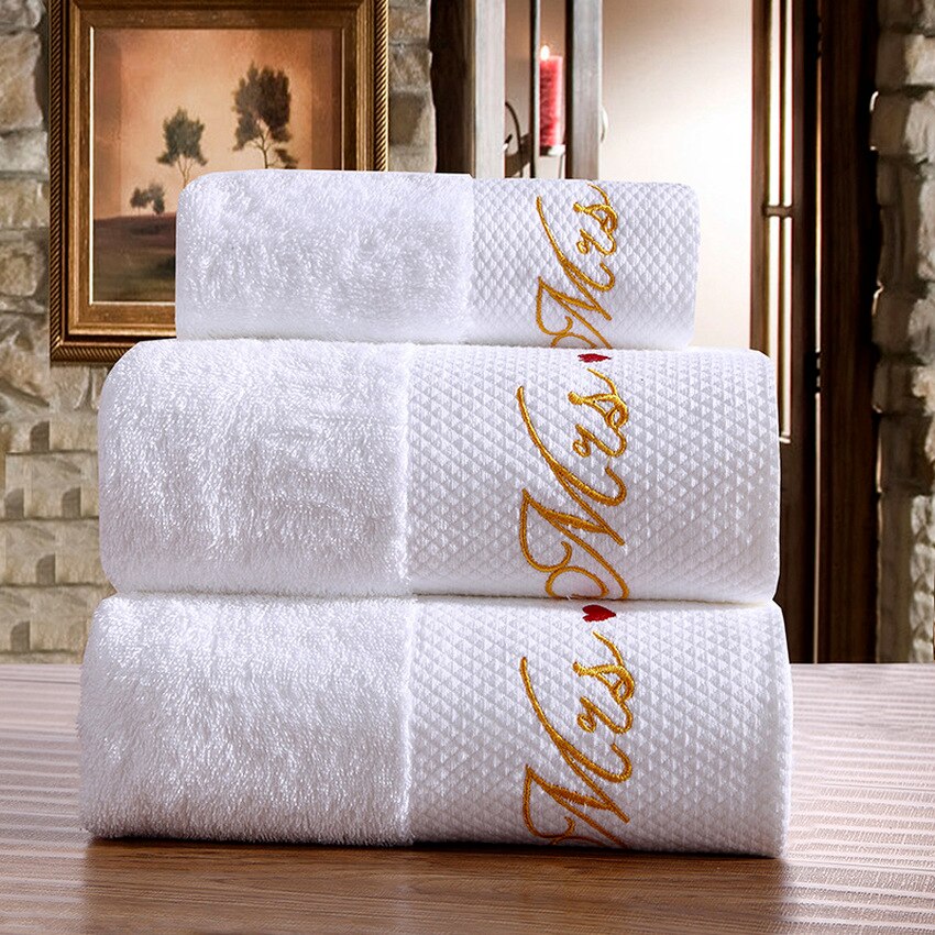 Cotton Bath Towels White Embroidery Star Hotel Luxury Bath Towel Sets Soft Face Towel Strong Water Absorbent Household Bathroom