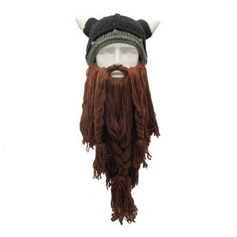 Halloween cosplay män stickad vikinga skägg horn mössa skidmask keps barbar vagabond keps cool varm unisex för vintermössa: Brunt skägg