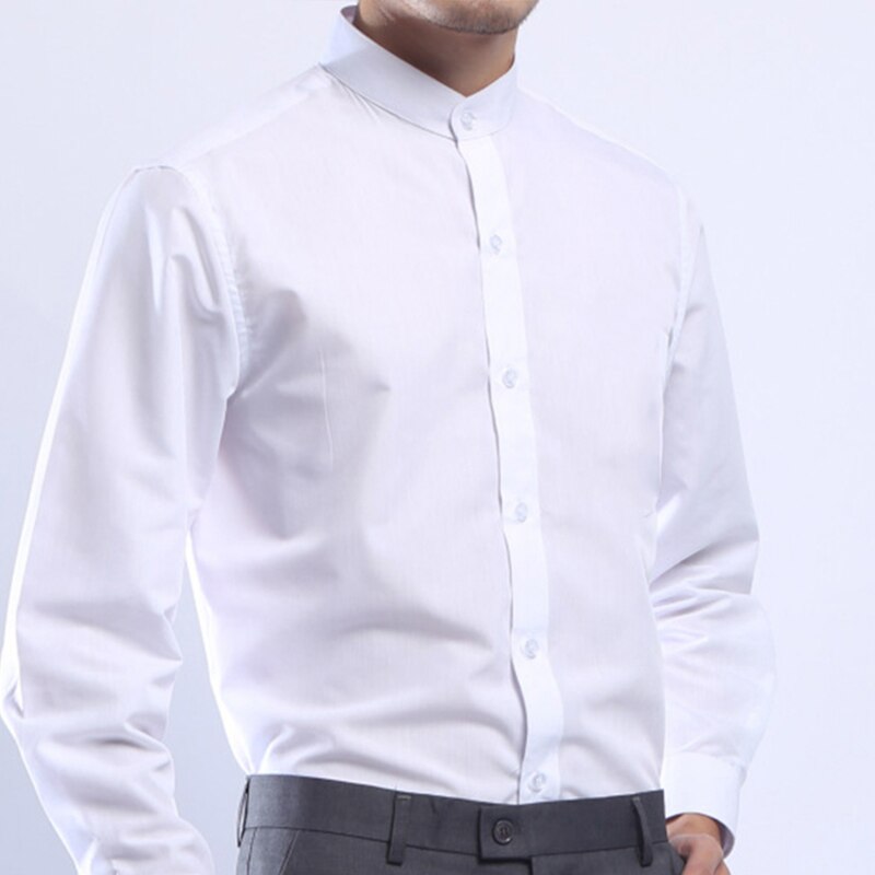 Men Mandarin Stand Collar White Dress Shirt Long Sleeve Chinese Style Single Breasted