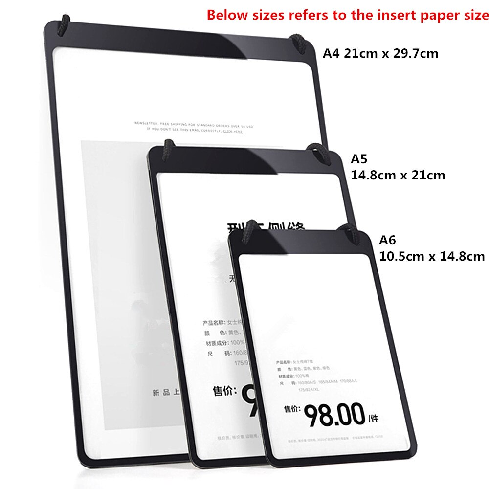 Plastic Hanging Hang Up Poster Display Board Frames A4 A5 A6 for Advertising Pricing Paper Card Insert in Vertical 4sets