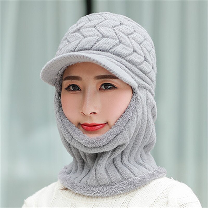 Double-Use Women Warm Knitted Hat Scarf Hooded Collar Elastic Winter All-Match Adult Teen Thick Soft Neck Warmer Female Caps: GREY