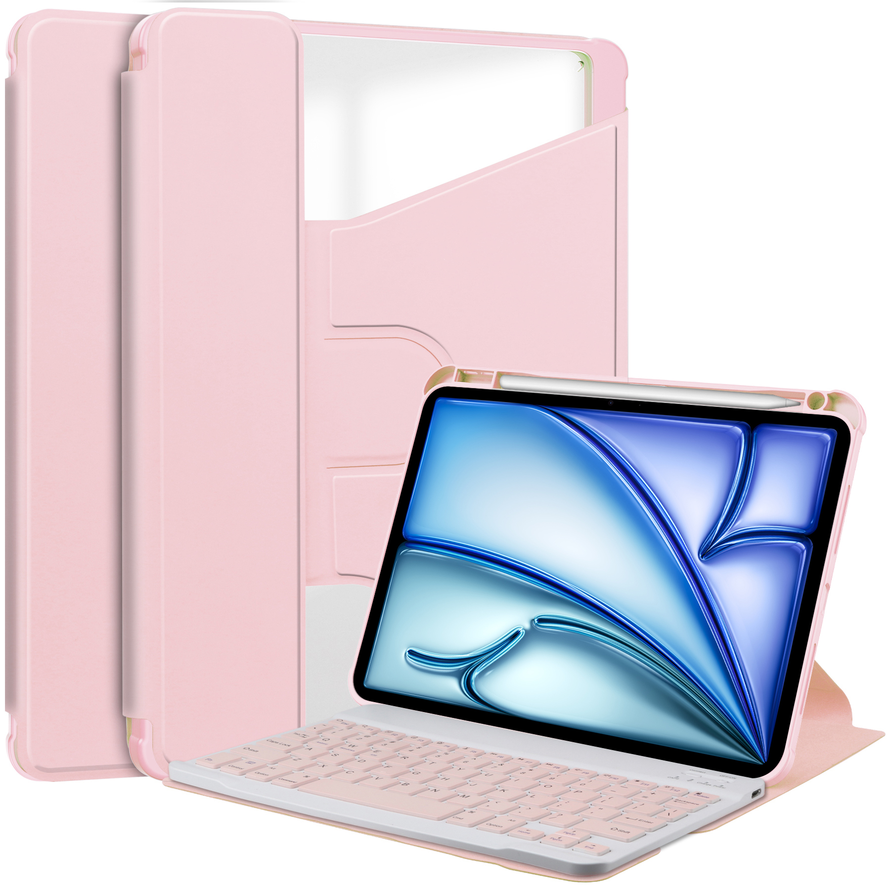 Tablethoes voor Ipad Air 13 2025 2024 Tablet Transparant 360 ° roterend toetsenbord lederen hoes: Ipad Pro12.9 / Roze
