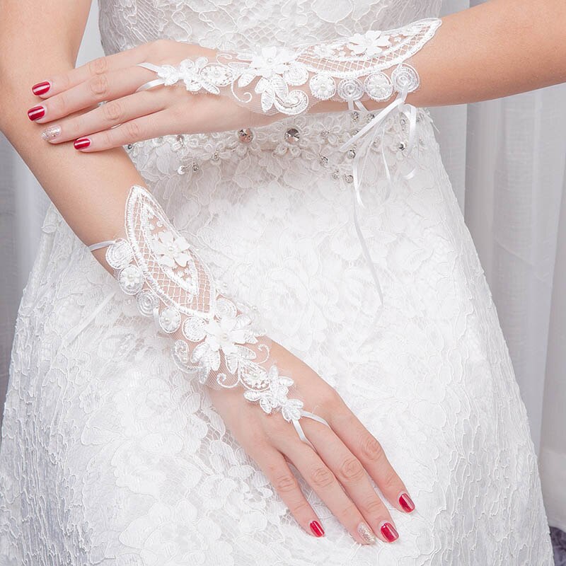 1 par hvide lange blonder brude brudehandsker fingerløs brudekjole billigt tilbehør rhinestone simuleret perle dekoreret