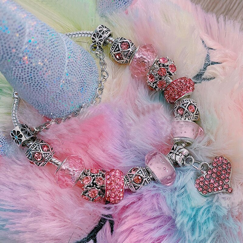 Roze kristallen liefdeshart bedelarmband voor vrouwen, europese doe-het-zelf kralenarmbanden en bangles als verliefde stellen pulseira