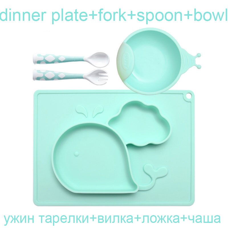 Børn servise sæt baby tallerken silikone baby retter skål fodring redskab ske gaffel sæt rejse sikker sag toddler kid træning: Pladesæt 7