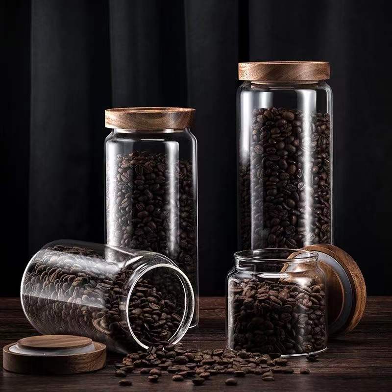 Wood Lid Glass Airtight Canister Food Container Tea Coffee Beans Kitchen Storage Bottles Jar Sealed Grounds Candy Jars Organizer