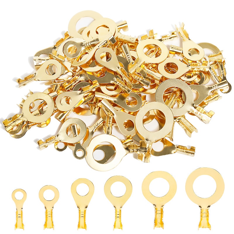 100PCS/lot M3 M4 M5 M6 M8 M10 Ring Lugs Terminals Gold Brass/Silver Non-insulated Crimp Termin Electrical Wire Connectors