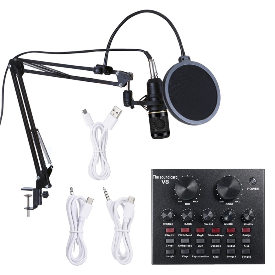 Multifunktionelt live lydkort &  bm800 mikrofonsæt med suspension, optagelse af kondensatormikrofonsæt: Sort