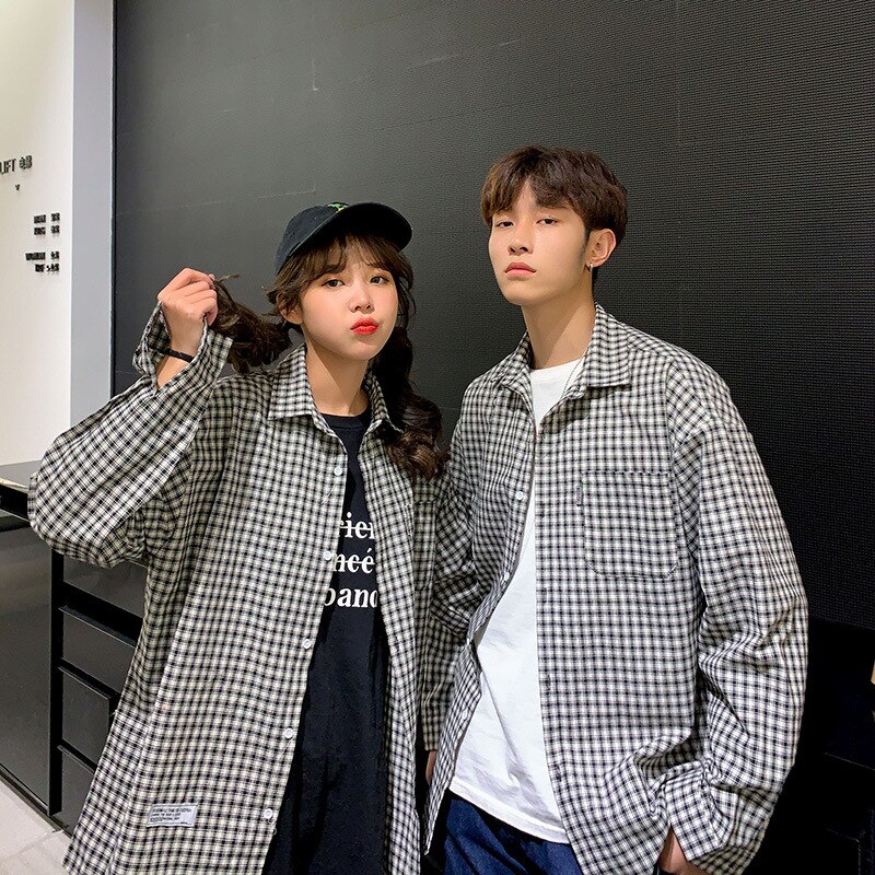 Couple Shirts Men Spring Autumn Harajuku Style Long-sleeved Shirt For Male Loose Plaid Mens Shirts Korean Couple Oversize Jacket