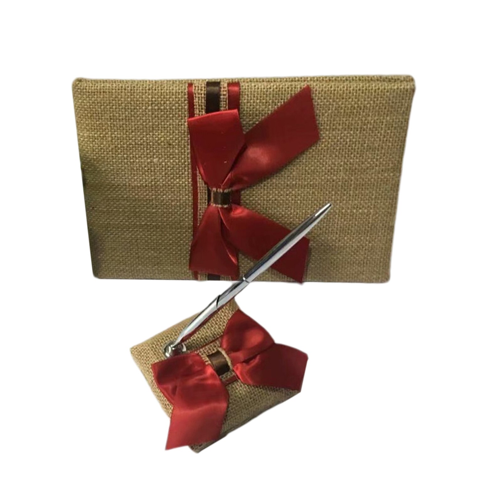 Rustic Chic Hessian Skirt Wedding Guest Book Pen Stand Set Satin Bowknot: Red