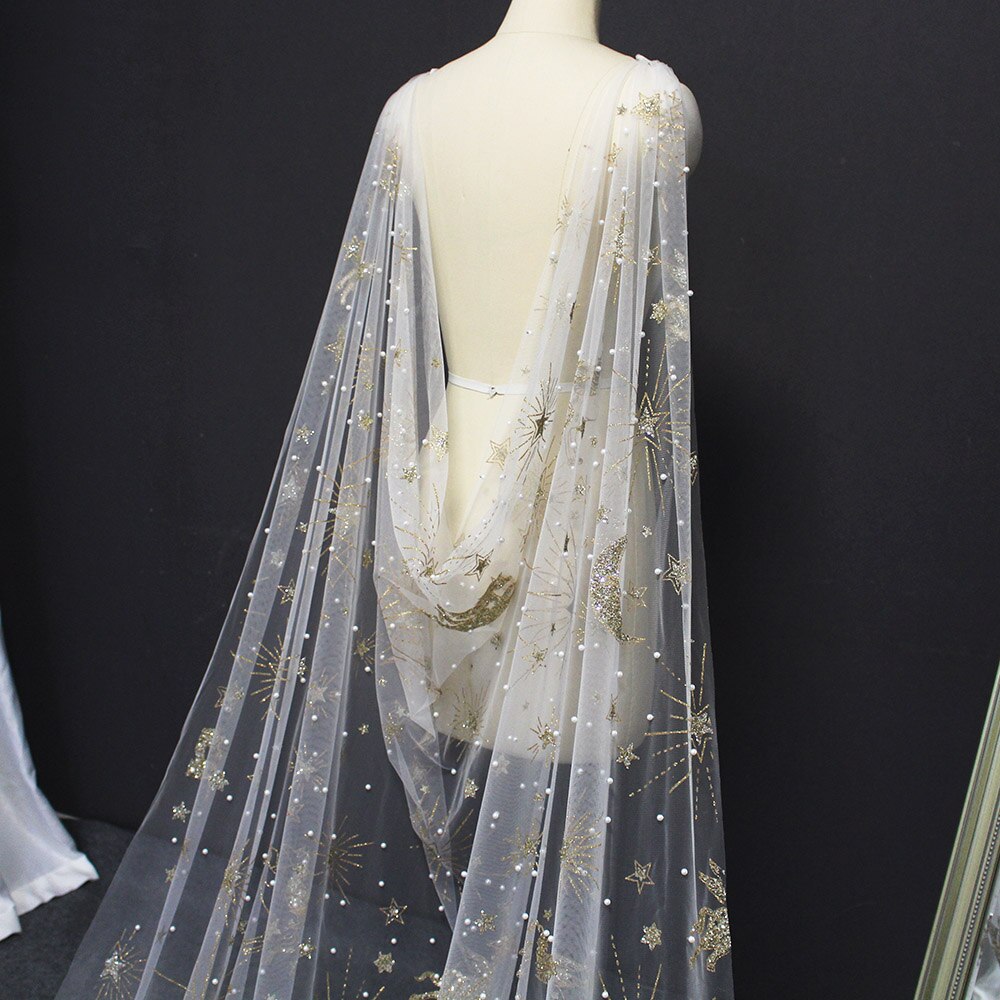 Luxe Parels Bruiloft Cape Met Gold Dust 3 Meter Lange Parels Wedding Bolero Shrugs Voor Vrouwen Bruiloft Accessoires