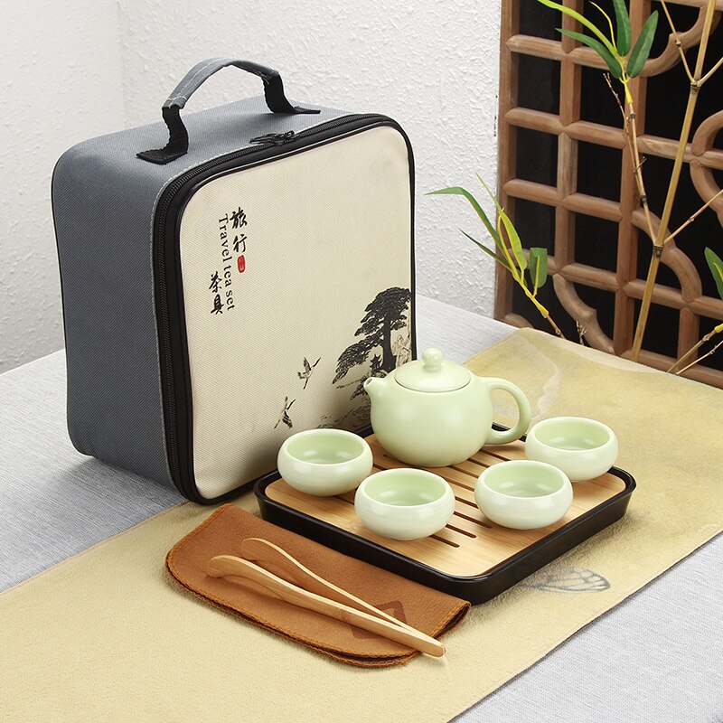 Portable Chinese Travel Kung Fu Tea Set Ceramic Teapot Porcelain Teaset Gaiwan Tea Cups of Tea Ceremony Tea Pot With Travel Bag: B-Green