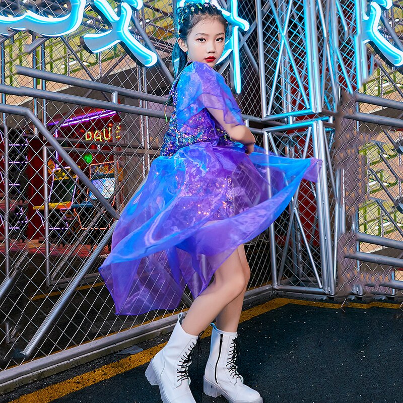 Glimmende pailletten podiumkostuums voor kinderen hiphop performance kleding meisjes jazz dans set paarse band outfit dnv 14051