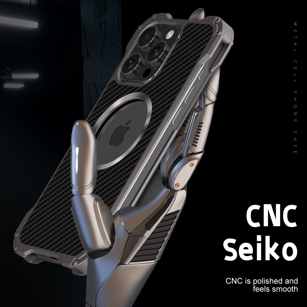 R-just Metal Carbon Fiber Case For Iphone 15 16 14 13 Pro Max Cover Lightweight Aluminum Alloy Funda Coque Built-in Holder Ring: GRAY / For iPhone 12