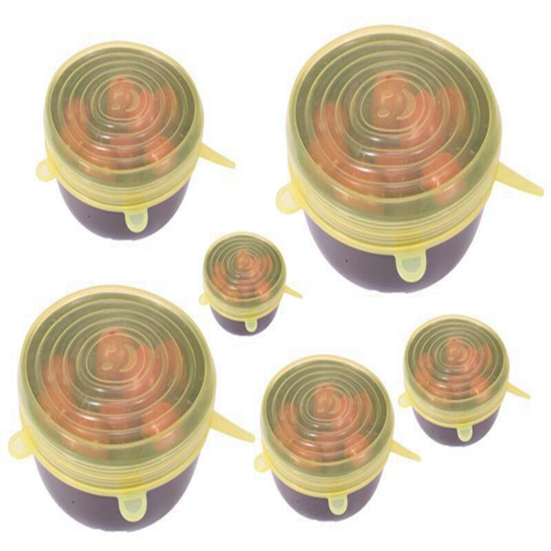 6Pcs Reusable Silicone Stretch Fresh Food Lids Stretch Fresh Keeping Caps For Kitchen Accessories Top Food Lids: Yellow silicone lid
