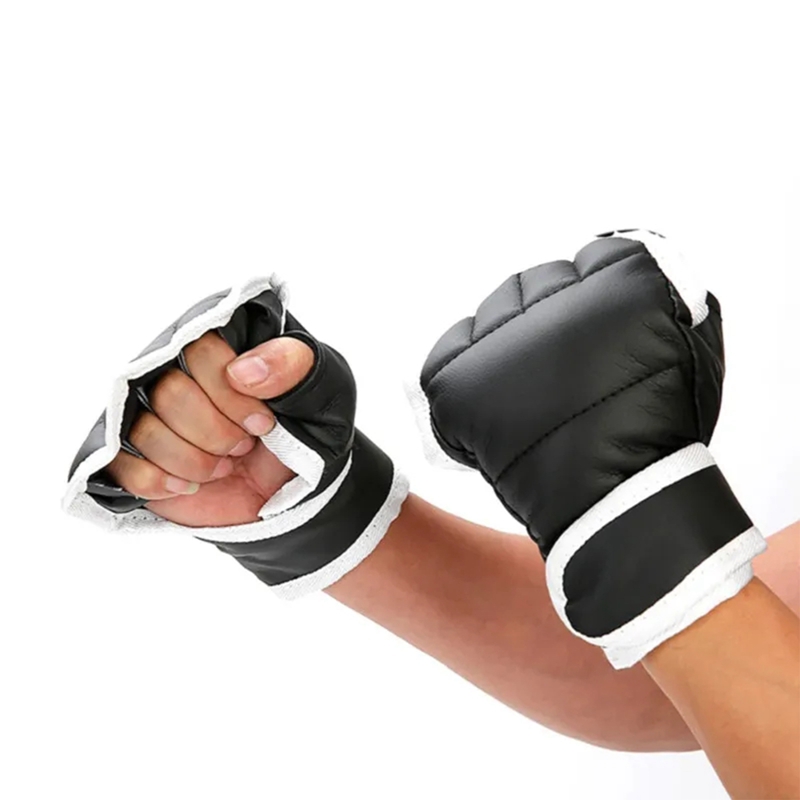 Guantes de entrenamiento Muay Thai, 1 par de manoplas de boxeo para principiantes, guantes acolchados de medio dedo, manoplas de entrenamiento de lucha de cuero de: Default Title